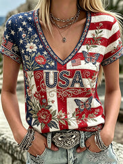 Women's America Floral Print V-Neck Casual T-Shirt