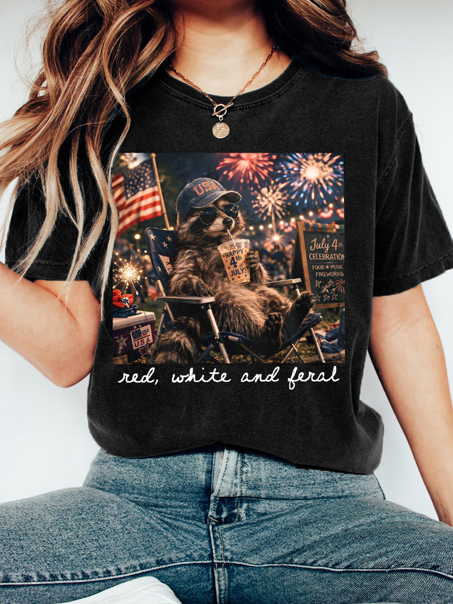 Women's Red White and Feral Print Washed T-Shirt