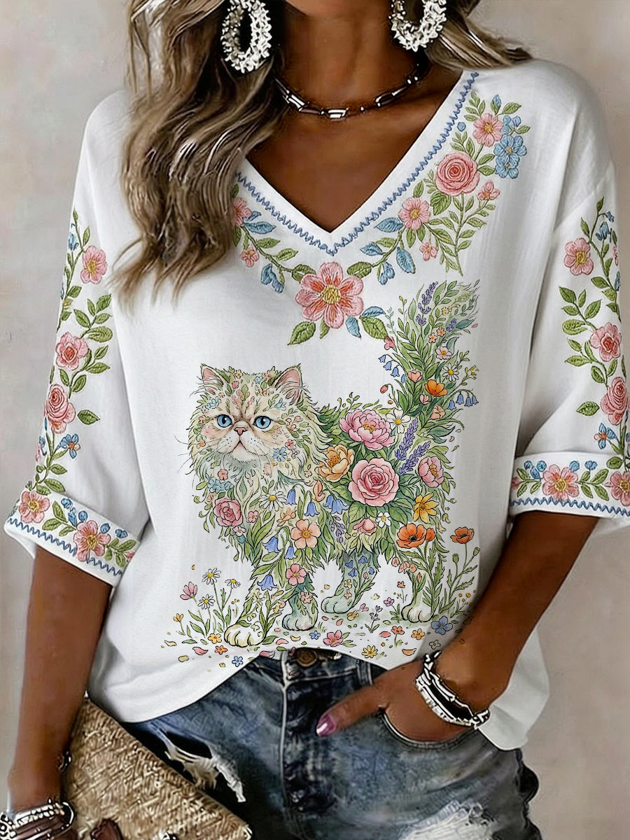 Women's Floral Cat Print Casual Half Sleeve Shirt