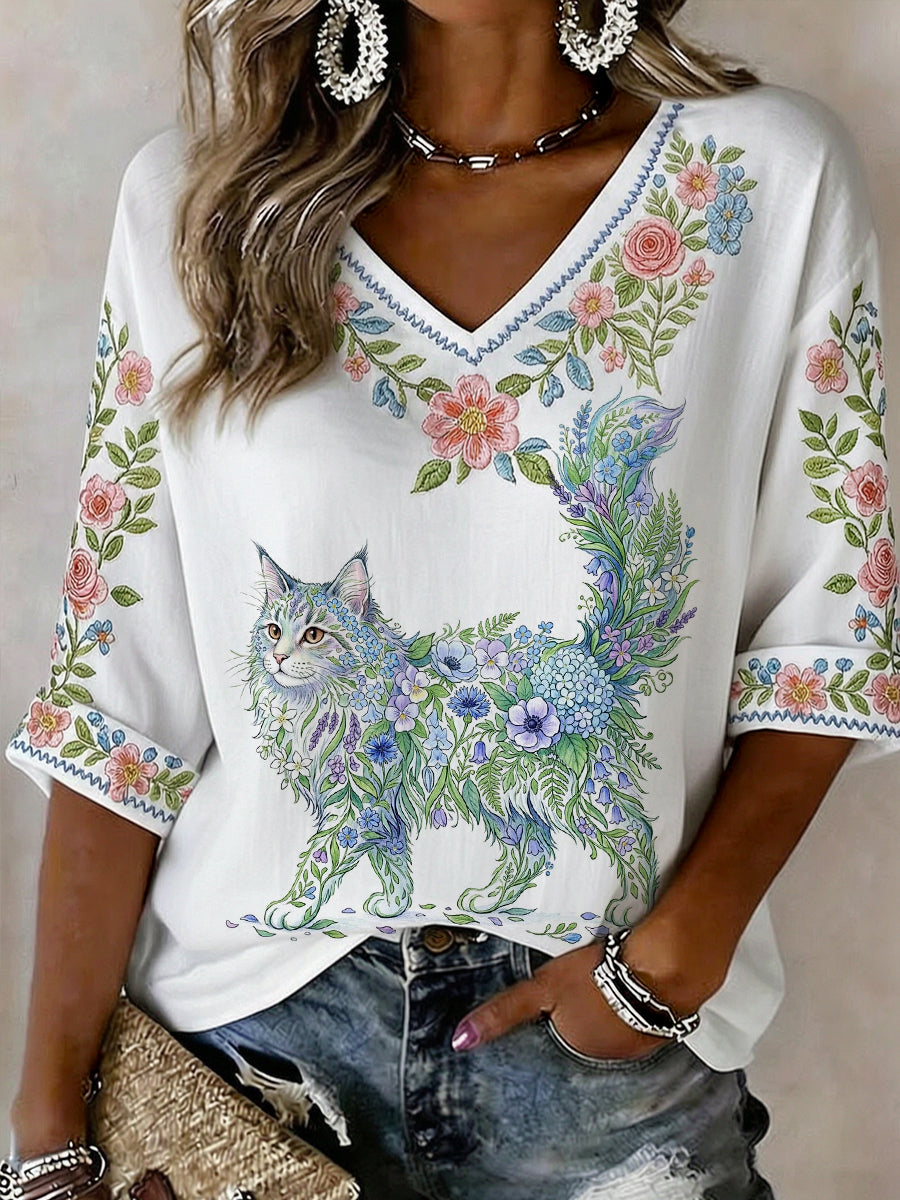 Women's Floral Cat Print Casual Half Sleeve Shirt