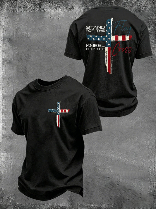 Men's Stand For The Flag Kneel For The Cross Printed Casual T-Shirt