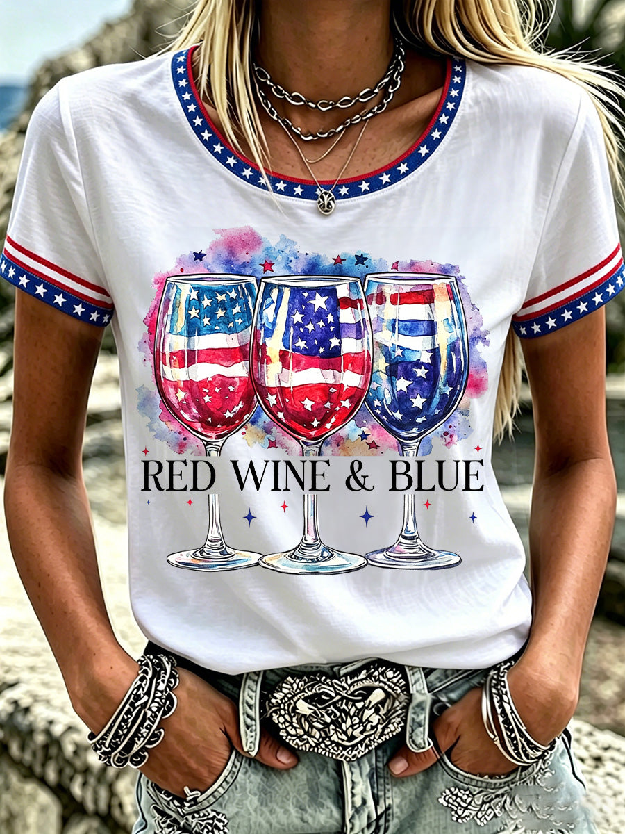 Women's Independence Day Red Wine Blue Print Tee