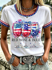 Women's Independence Day Red Wine Blue Print Tee