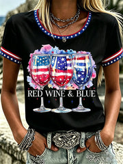 Women's Independence Day Red Wine Blue Print Tee
