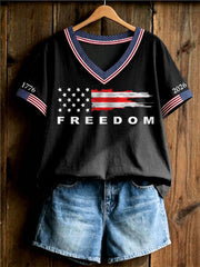 Women's Independence Day USA Flag Freedom Print Casual V-Neck Tee