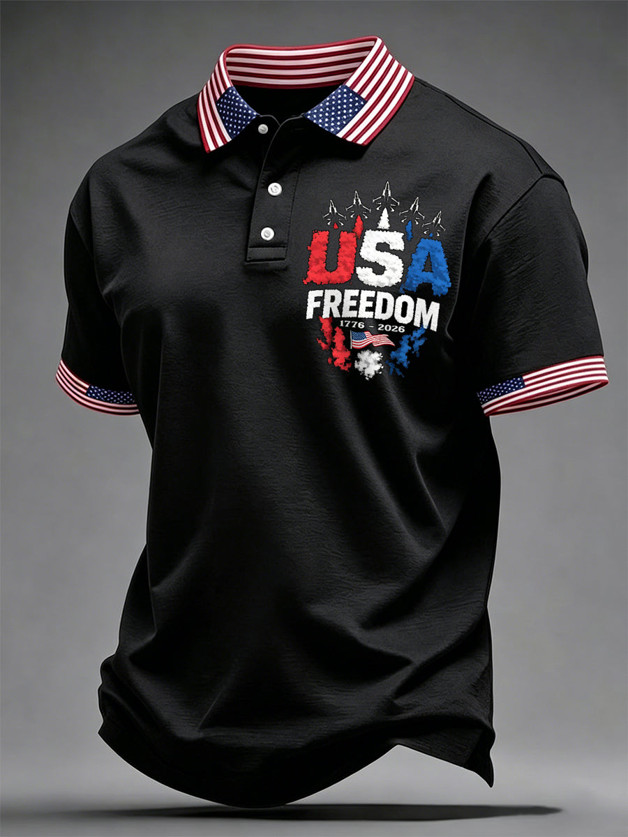 Men's Independence Day USA Flag Jet Print Casual Patriotic Polo