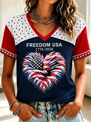 Women's Independence Day Freedom USA Flag Love Heart Print Casual V-Neck Patriotic Tee