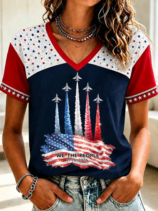 Women's Independence Day USA Flag Jet Print Casual V-Neck Patriotic Tee