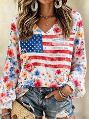 Women's Independence Day Flag & Floral Pattern Casual Cotton-Linen Shirt