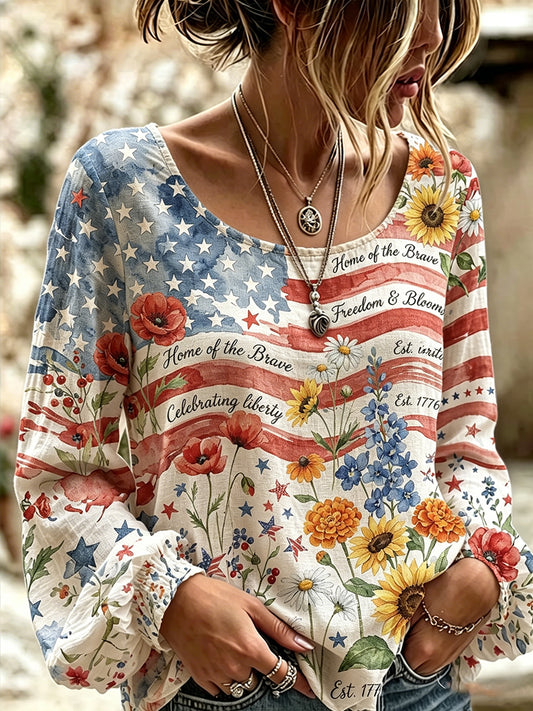 Women's Independence Day Flag & Floral Pattern Casual Long-sleeve Top