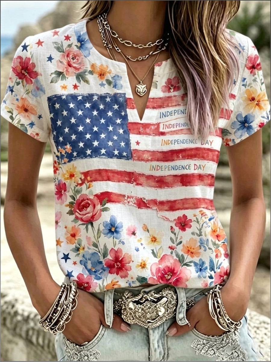 Women's Independence Day Flag & Floral Pattern Casual Short Sleeves Cotton-Linen Shirt