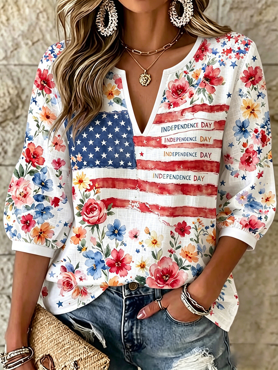Women's Independence Day Flag & Floral Pattern Casual  Top