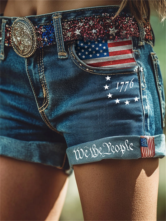 Women's 1776 We the People American Flag Print Denim Shorts