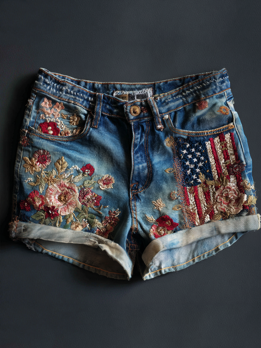 Women's Vintage American Flag Floral Art Print Denim Shorts