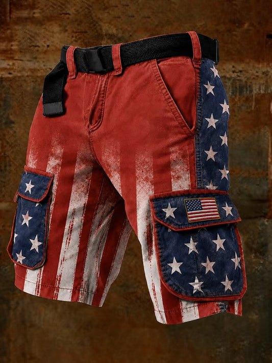 Men's Independence Day USA Flag Print Casual Patriotic Cargo Shorts
