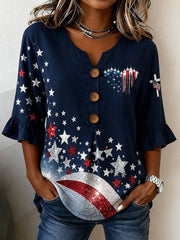 Women's Independence Day USA Flag Jet Heart Print Casual Patriotic Shirt