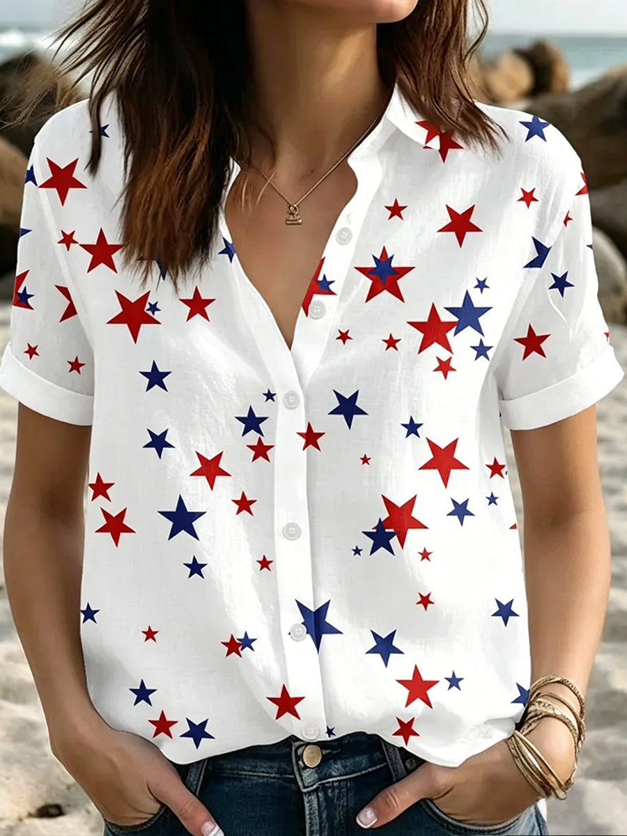 Women's Independence Day Red White Blue Stars Print Casual Patriotic Short Sleeve Shirt