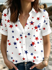 Women's Independence Day Red White Blue Stars Print Casual Patriotic Short Sleeve Shirt