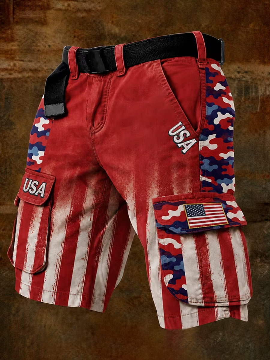 Men's Independence Day USA Flag Print Casual Patriotic Cargo Shorts