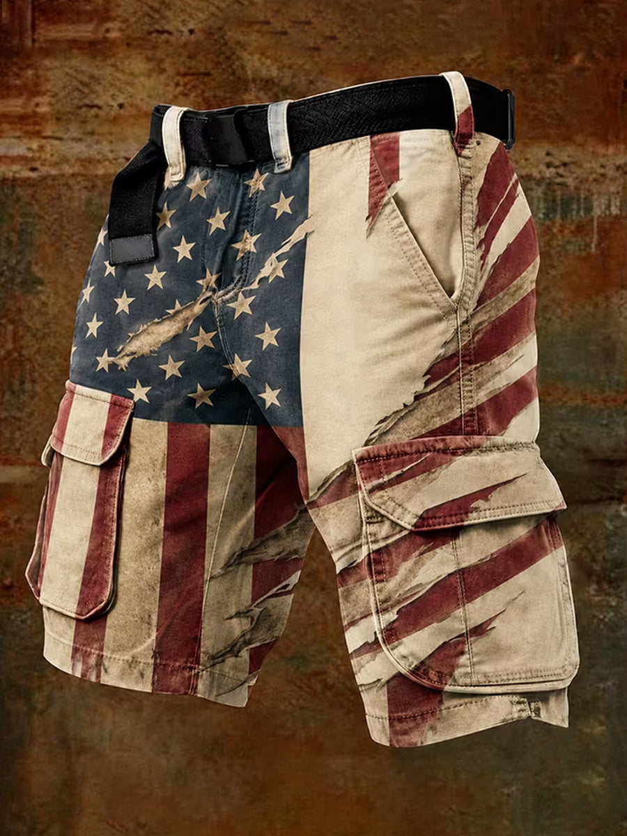 Men's Independence Day USA Flag Print Casual Patriotic Cargo Shorts