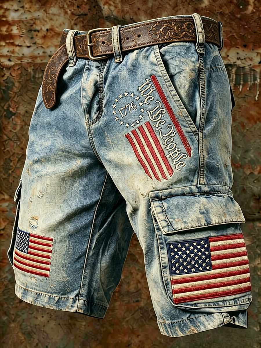 Men's Independence Day Retro American Flag Art Print Casual Shorts