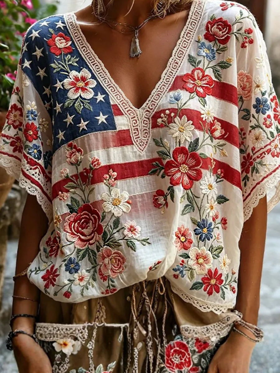 Women's Flag Floral Print V-Neck T-Shirt