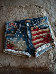Women's USA 1776-2026 American Flag & Roses Print Denim Shorts