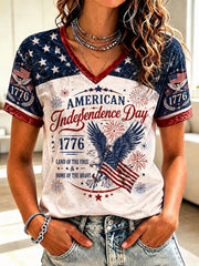 Women's Independence Day Printed V-neck T-shirt