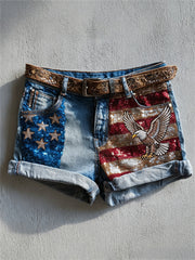 Women's American Eagle & Flag Glitter Print Denim Shorts