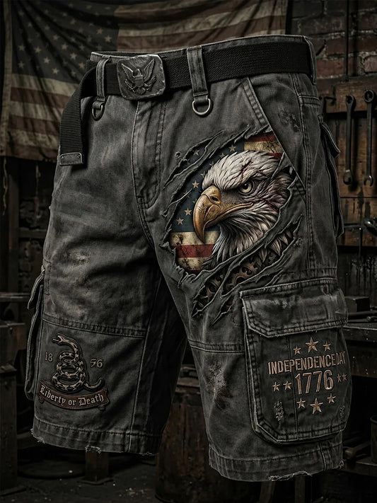Men's Vintage Independence Day Retro American Flag Art Print Casual Shorts