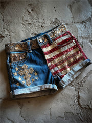 Women's Vintage Cross Glitter American Flag Print Denim Shorts