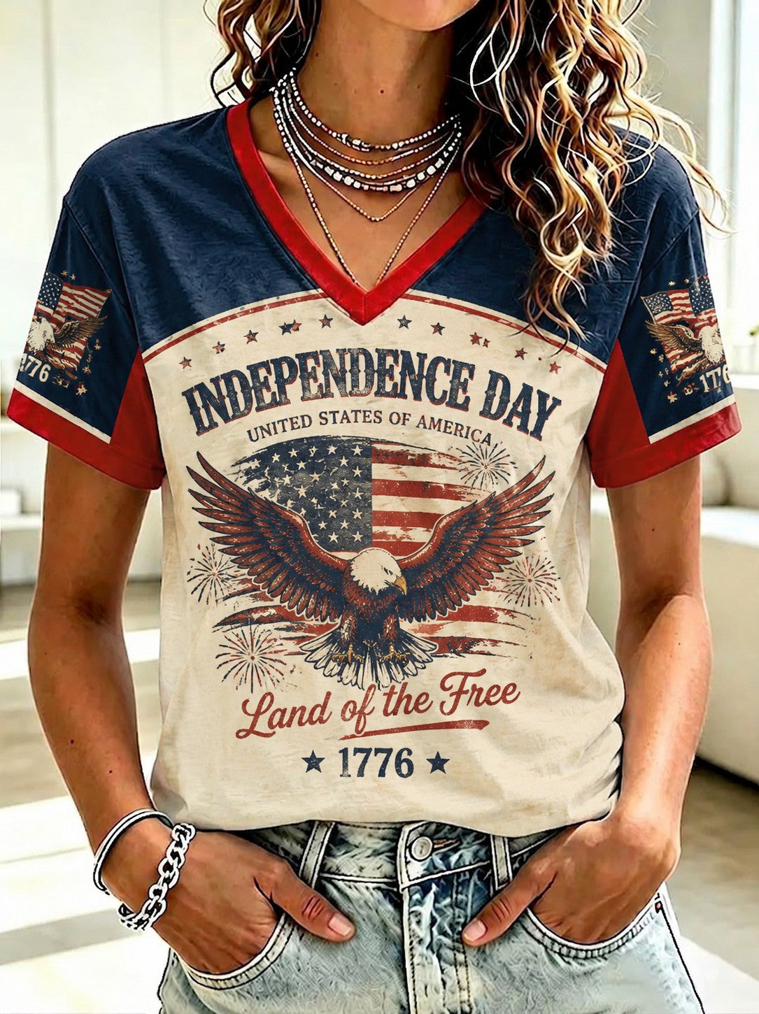 Women's Independence Day Printed V-neck T-shirt