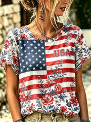 Women's Independence Day Floral USA Flag Print Tee