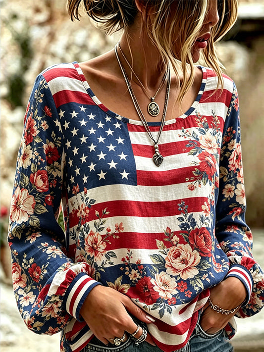 Women's Independence Day Floral USA Flag Print Top