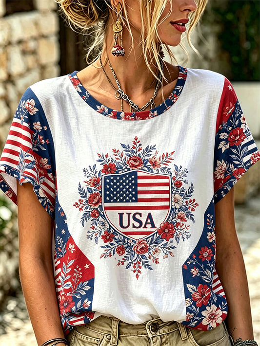 Women's Independence Day Floral USA Flag Print Tee