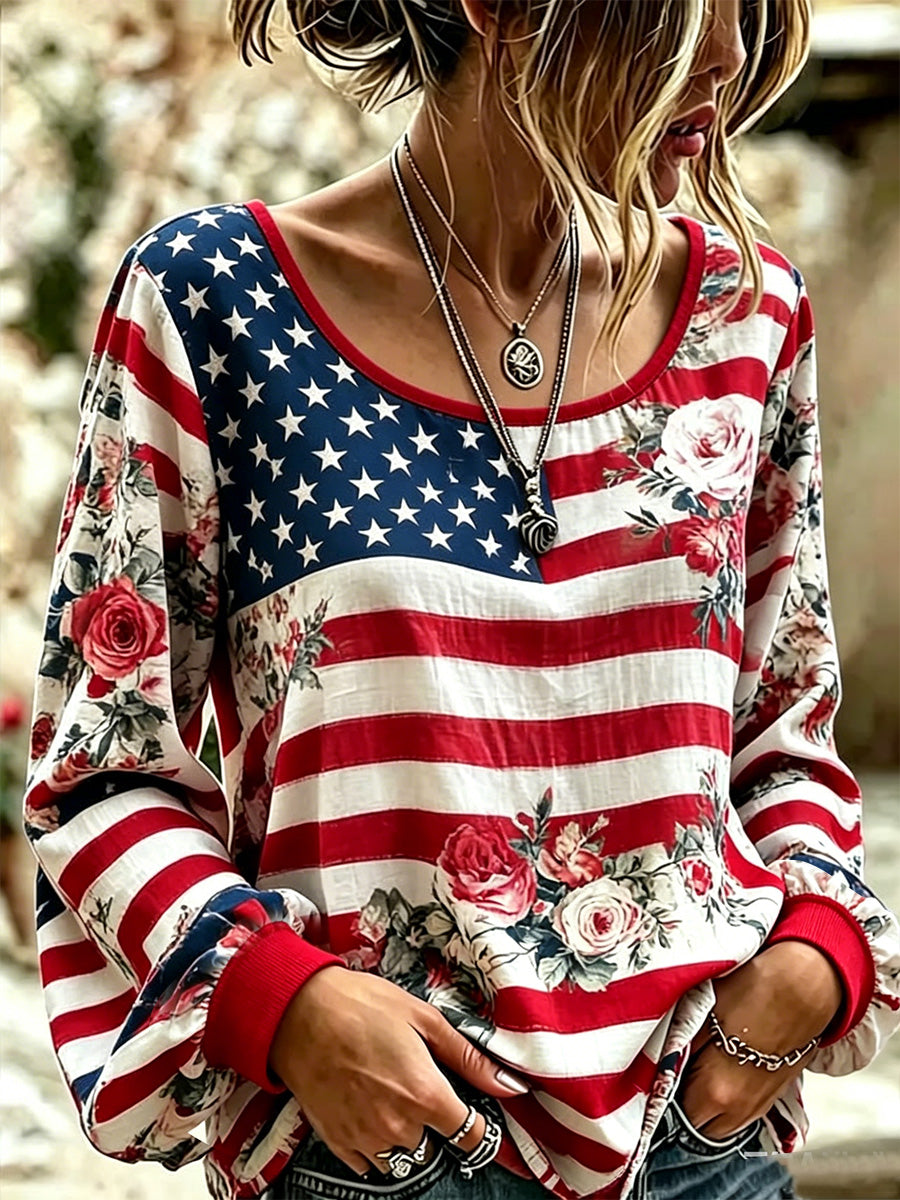 Women's Independence Day Floral USA Flag Print Top