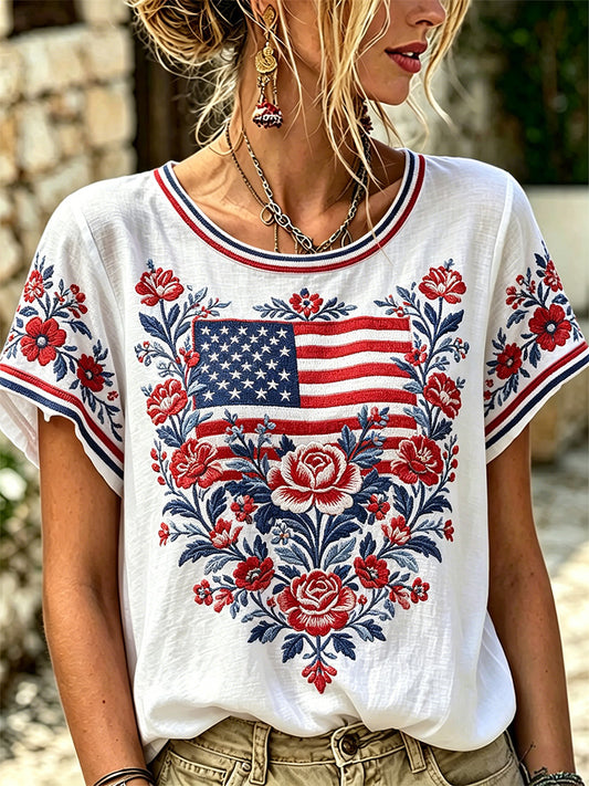 Women's Independence Day Floral USA Flag Print Tee
