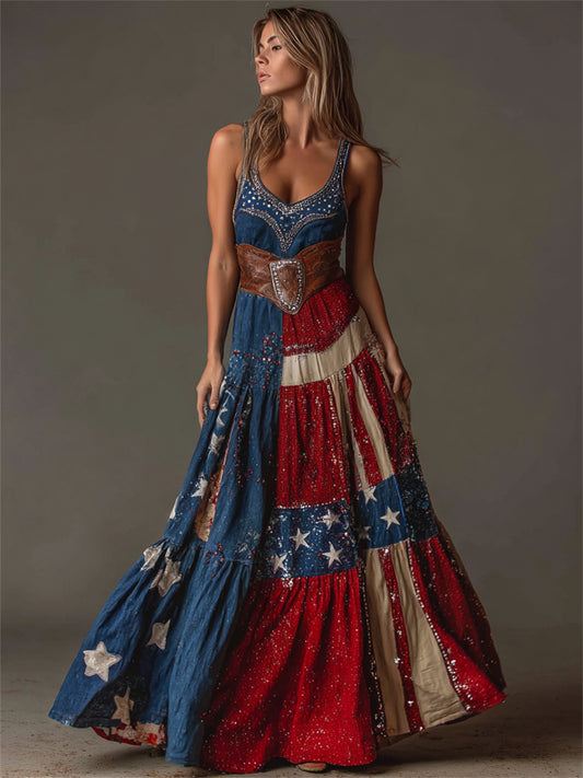 Women's Western Glitter American Flag Patchwork Print Maxi Dress