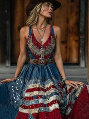 Women's American Eagle & Flag Colorblock Art Print Flowy Maxi Dress