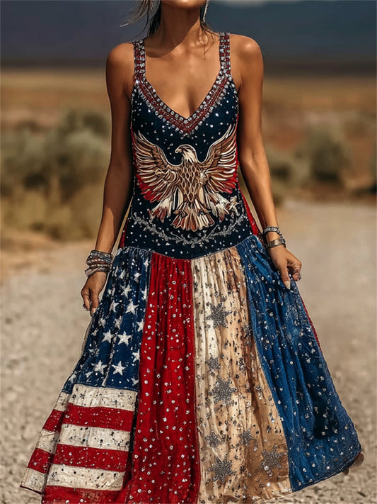 Women's American Eagle & Flag Colorblock Glitter Art Print Maxi Dress