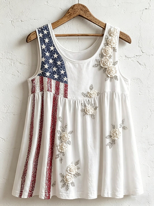 Women's Independence Day Inspired Floral Pattern Cotton Linen Top