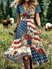 Women's Floral USA Flag Print Casual Dress