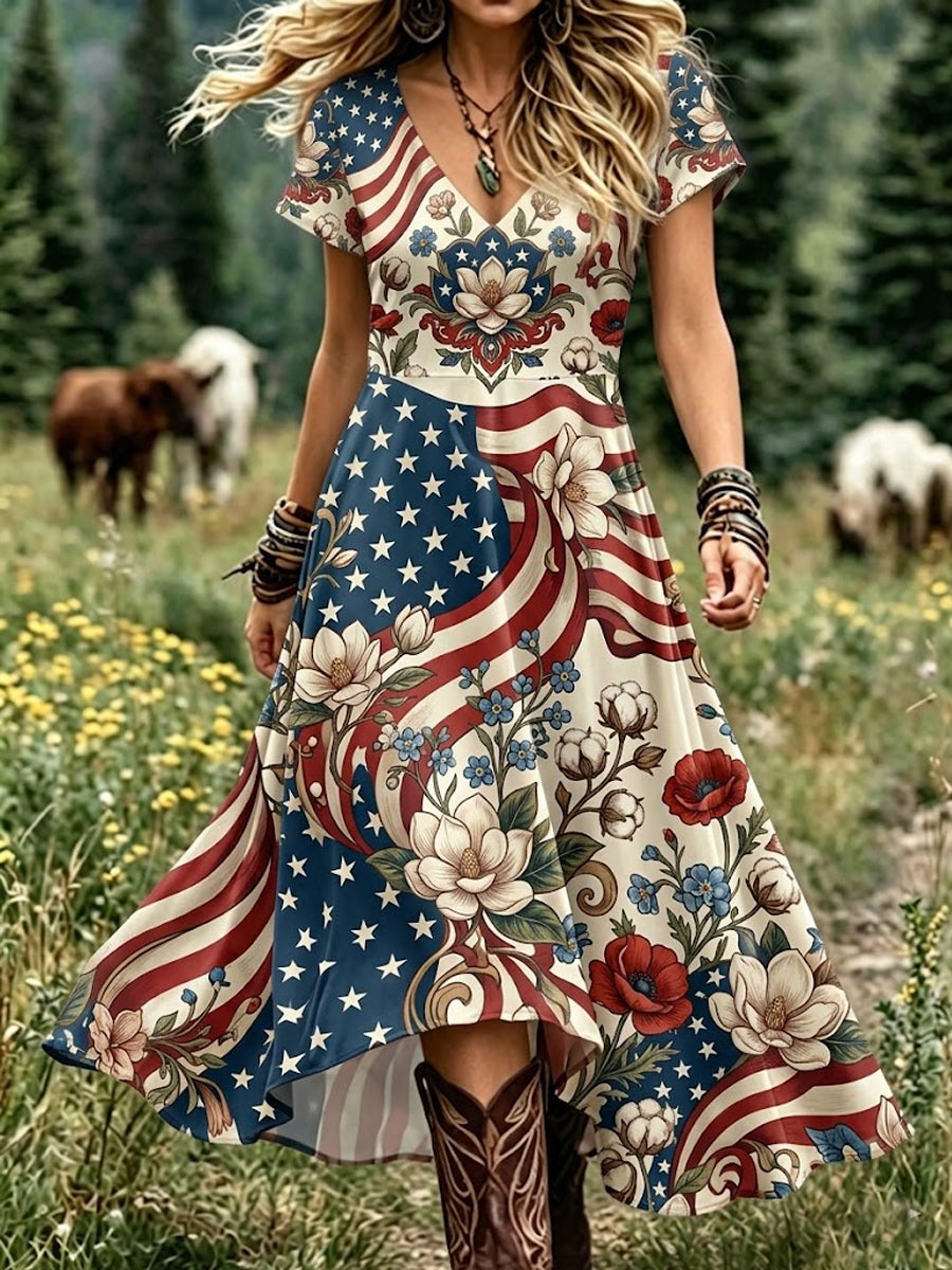Women's Floral USA Flag Print Casual Dress
