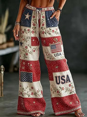 Women's Independence Day USA Flag Floral Print Casual Pants