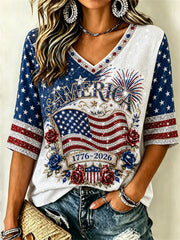 Women's America 1776-2026 Flag Floral Glitter Print Waffle T-shirt