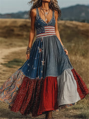 Women's American Flag Vintage Patchwork Art Print Maxi Dress
