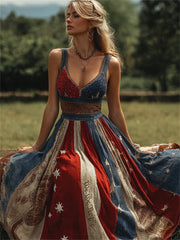 Women's Vintage We the People American Flag Patchwork Art Flowy Maxi Dress