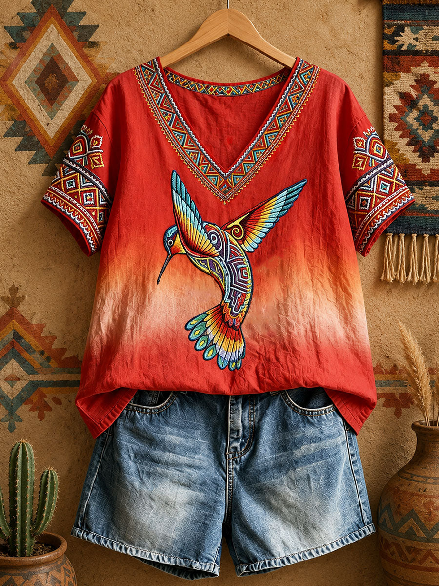 Women's Native Hummingbird Art V-Neck Tops
