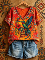 Women's Native Hummingbird Art V-Neck Tops