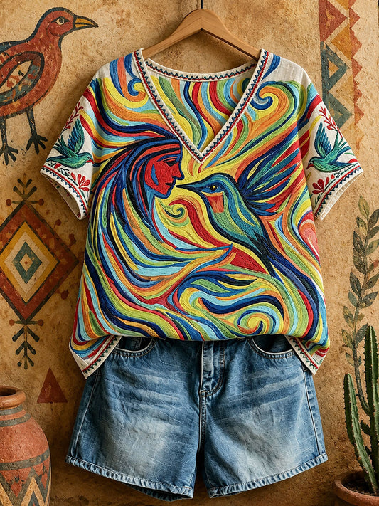 Women's Native Hummingbird Art V-Neck Tops